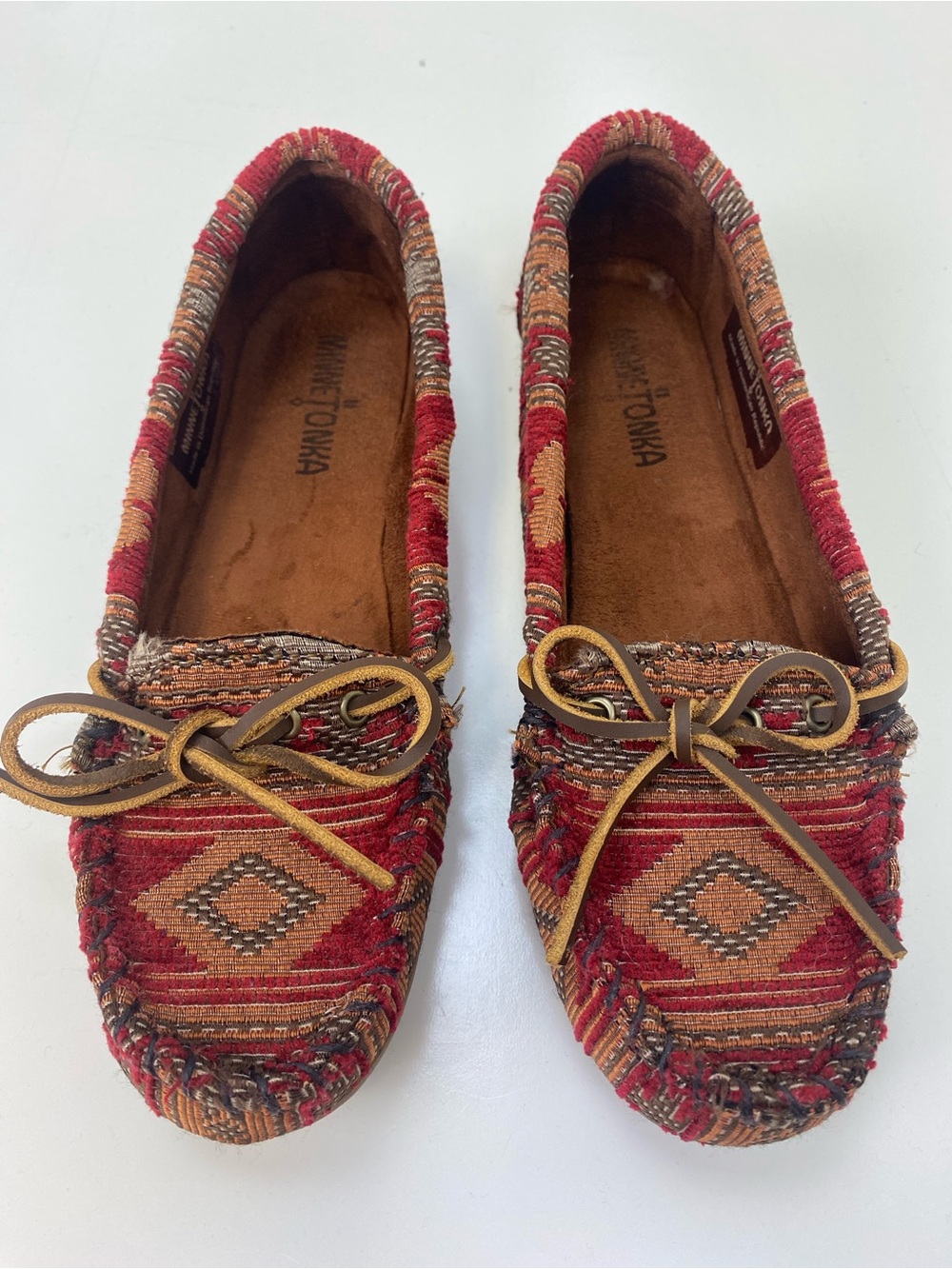 Minnetonka Red and Tan Aztec Moccasin Slippers